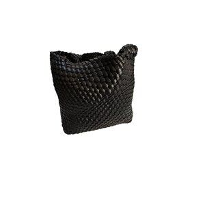 Handwoven Black Tote Bag With Faux Leather Pouch Insert Large Capacity Durable &